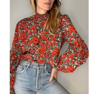 Vintage Floral Rose Cropped Puff Sleeve 70s Style Statement Party Blouse
